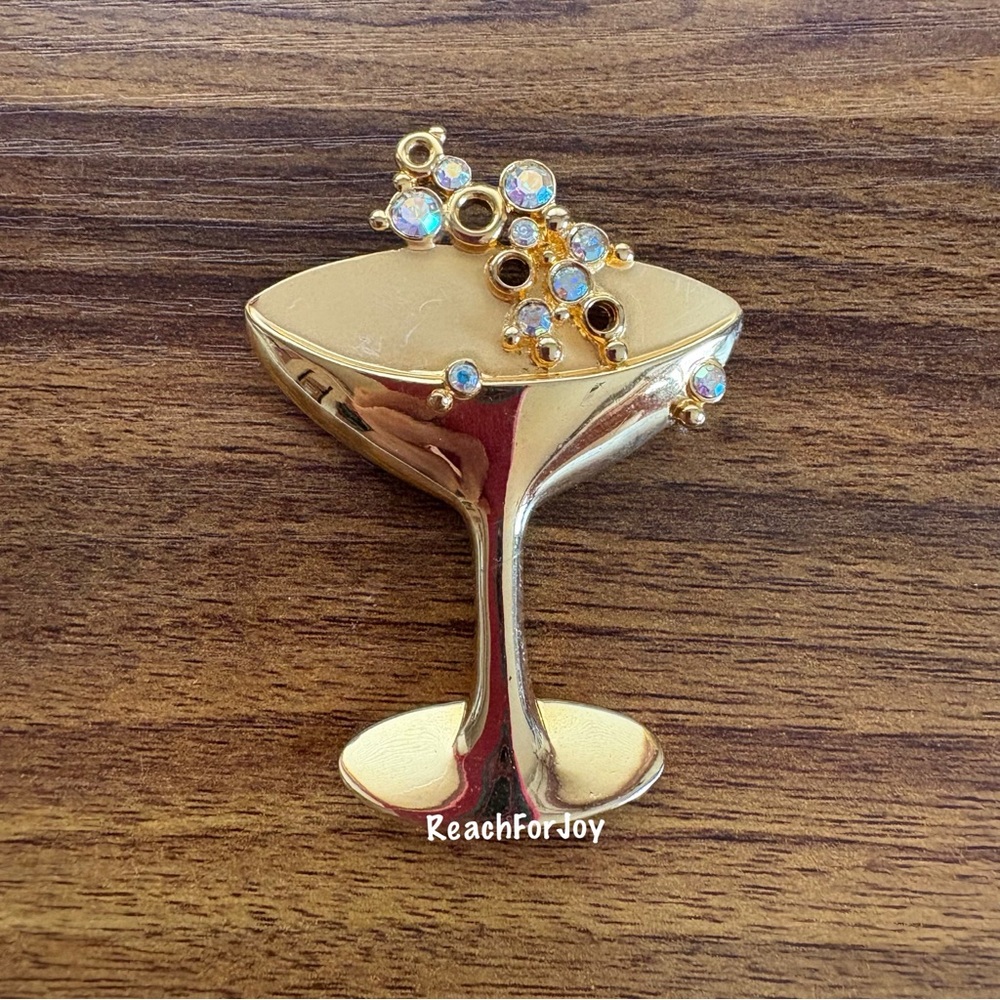 Jonette Jewlery Vintage Brooch JJ Champagne Glass Cocktail Drink Bubbly Gold